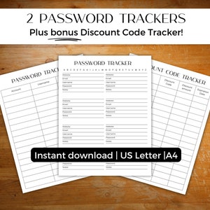 Op de afbeelding: Twee afdrukbare wachtwoordtrackerbladen en een kortingscodetrackerblad. De wachtwoordtrackerbladen hebben kolommen voor website, e-mail, gebruikersnaam, wachtwoord en notities. Het kortingscodetrackerblad heeft kolommen voor kortingscode, kortingsbedrag en vervaldatum. De bladen zijn gelabeld met "Direct downloaden | US Letter | A4".