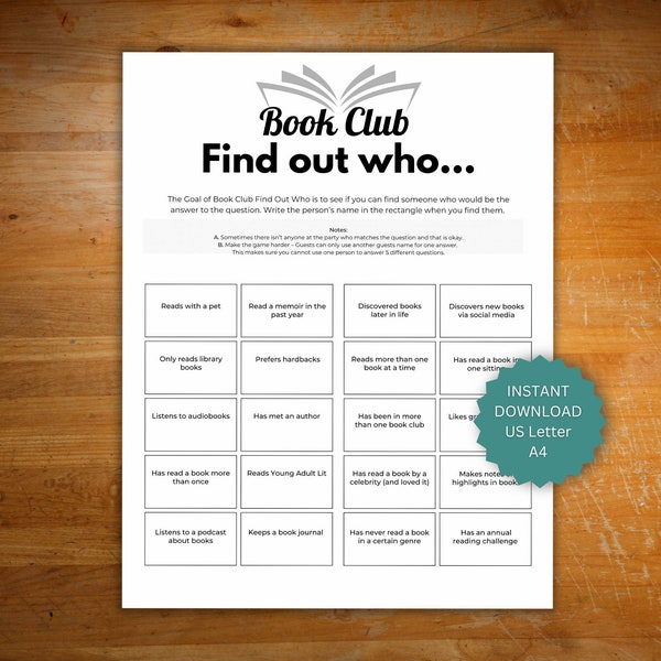 Book club game, icebreakers for book club, readers questions printable instant download for meet and greet, find out who game for readers