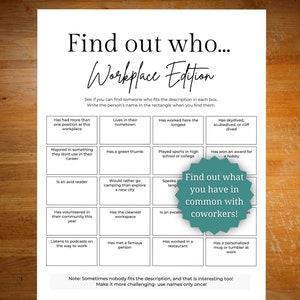 Office party game, icebreaker game for employees, coworker game or staff meeting game, employee bingo game, get to know you game