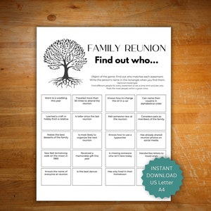 Family reunion icebreaker game, printable game for a family reunion, family mix and mingle game, family reunion find someone who game