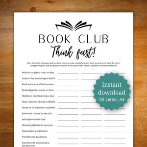 Gioco del club del libro, attività per feste del club del libro, gioco di pensiero veloce del club del libro, giochi per lettori, gioco rompighiaccio per club del libro
