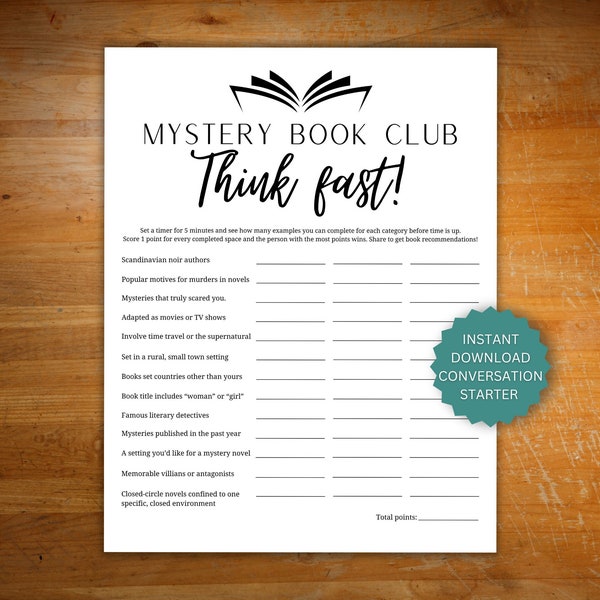 Mystery book club game instant download, icebreaker for book club, thriller book think fast game,  trivia game, game for mystery readers