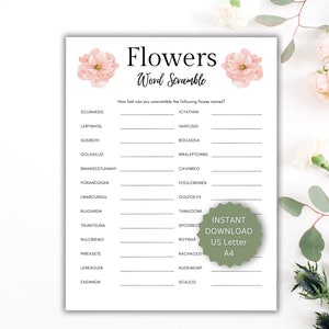 Op de afbeelding: Een printbaar bloemen-woordzoekspel met roze bloemen in de hoeken. Het spel vraagt ​​spelers om de namen van bloemen te ontwarren. De tekst "Direct downloaden US Letter A4" staat in een groene cirkel.
