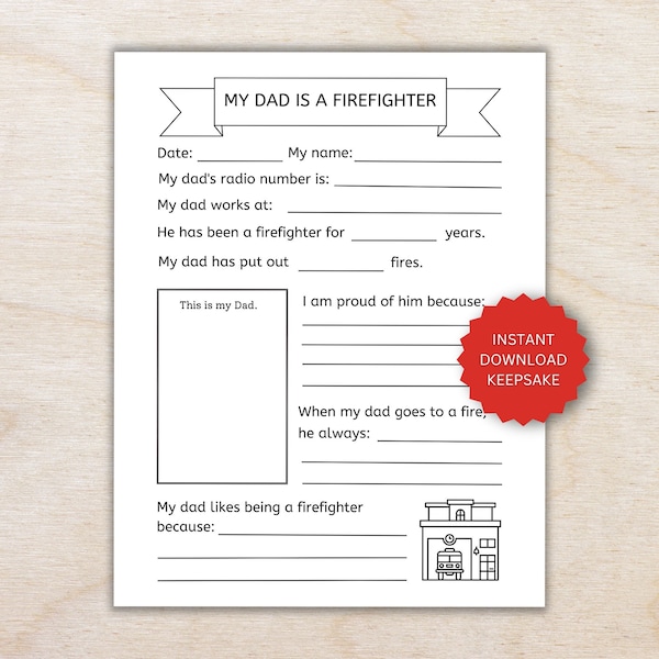 Keepsake gift for firefighter dad printable survey, Firefighter dad gift instant download, birthday gift for firefighter father printable