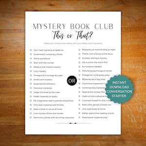 Mystery book club game this or that printable, thriller book club ice breaker game, mystery book discussion topics, conversation starter