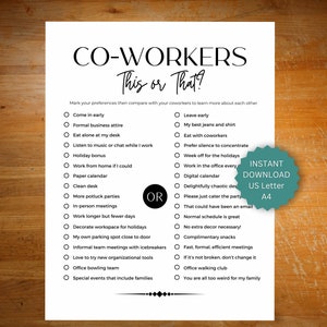 May include: A printable "This or That?" game for colleagues. The game features a list of 16 questions with two options each. The questions are designed to help colleagues learn more about each other. The game is printed on white paper with black text and a black circle around the word "OR".