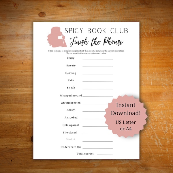 Spicy book club game finish the phrase printable, romance book club ice breaker game, game for spicy book conversations, adult book club