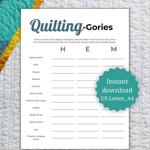 Quilting guild game, icebreaker for quilters, conversation starters for quilting retreat, categories game for seniors, think fast categories
