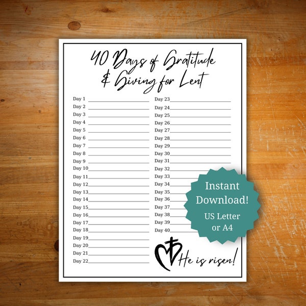 40 days of Lent countdown with giving and gratitude, Lent calendar tracker, Lent 2024 tracker for church group, family lent activity