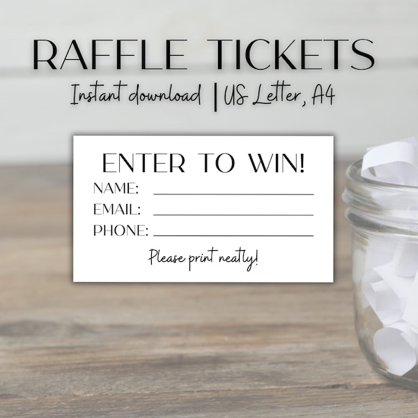 Printable raffle tickets, enter to win a prize tickets for contests or drawings for conventions or conferences, giveaway entry forms office
