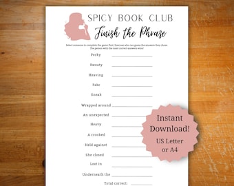 Spicy book club game finish the phrase printable, romance book club ice breaker game, game for spicy book conversations, adult book club