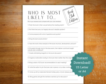 Book club game icebreaker, game for book club, who is most likely to game, book club holiday party game, book club Christmas party activity