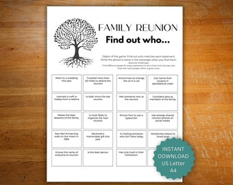 Family reunion icebreaker game, printable game for a family reunion, family mix and mingle game, family reunion find someone who game