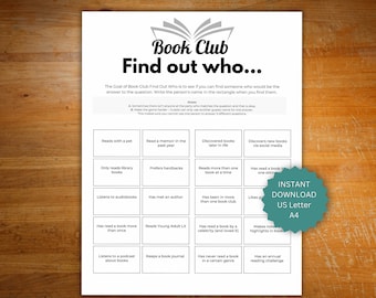 Book club game, icebreakers for book club, activity for book club. Instant download game for book club meet and greet, find out who game