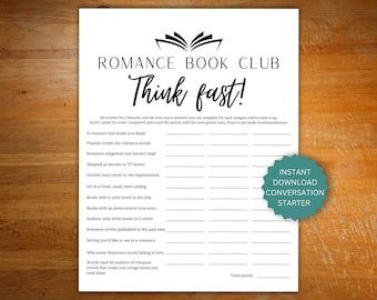 Romantiek boekenclubspel direct downloaden, ijsbreker voor boekenclub, romantisch boek denk snel spel, triviaspel, boekenclub vakantiespel
