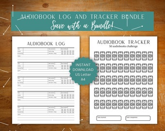 May include: Two printable pages: an audiobook log with fields for title, author, and ratings, and an audiobook tracker with 50 phone icons. The text "AUDIOBOOK LOG AND TRACKER BUNDLE" and "Save with a Bundle!" are at the top. The text "INSTANT DOWNLOAD US Letter A4" is also visible.
