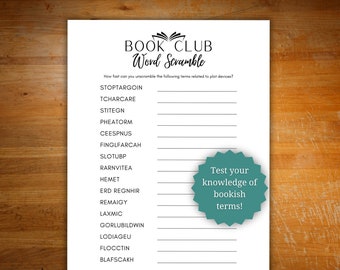 Book club game, word scramble game for book lovers, book club activity. printable game for book club, word scramble bibliophile