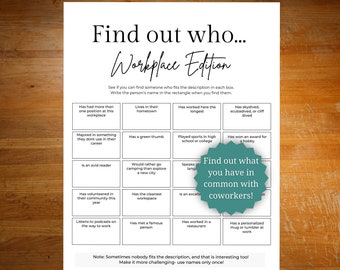 Office party game, icebreaker game for employees, coworker game or staff meeting game, employee bingo game, get to know you game