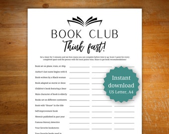 Book club game, book club party activity, book club think fast game, games for readers, icebreaker game for book clubs