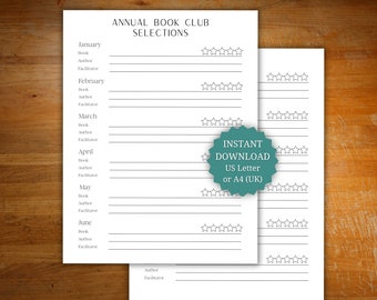 Book club 2026 annual book list, selections for book club, book club printable list, Book club tracker, book club organizer instant download