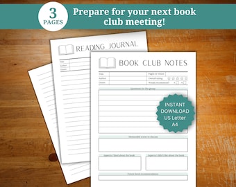 Notas de discusión del club de lectura y páginas de diario de lectura, preguntas para discusión de libros para la reunión del club de lectura, calificación y reseña de libros imprimibles.