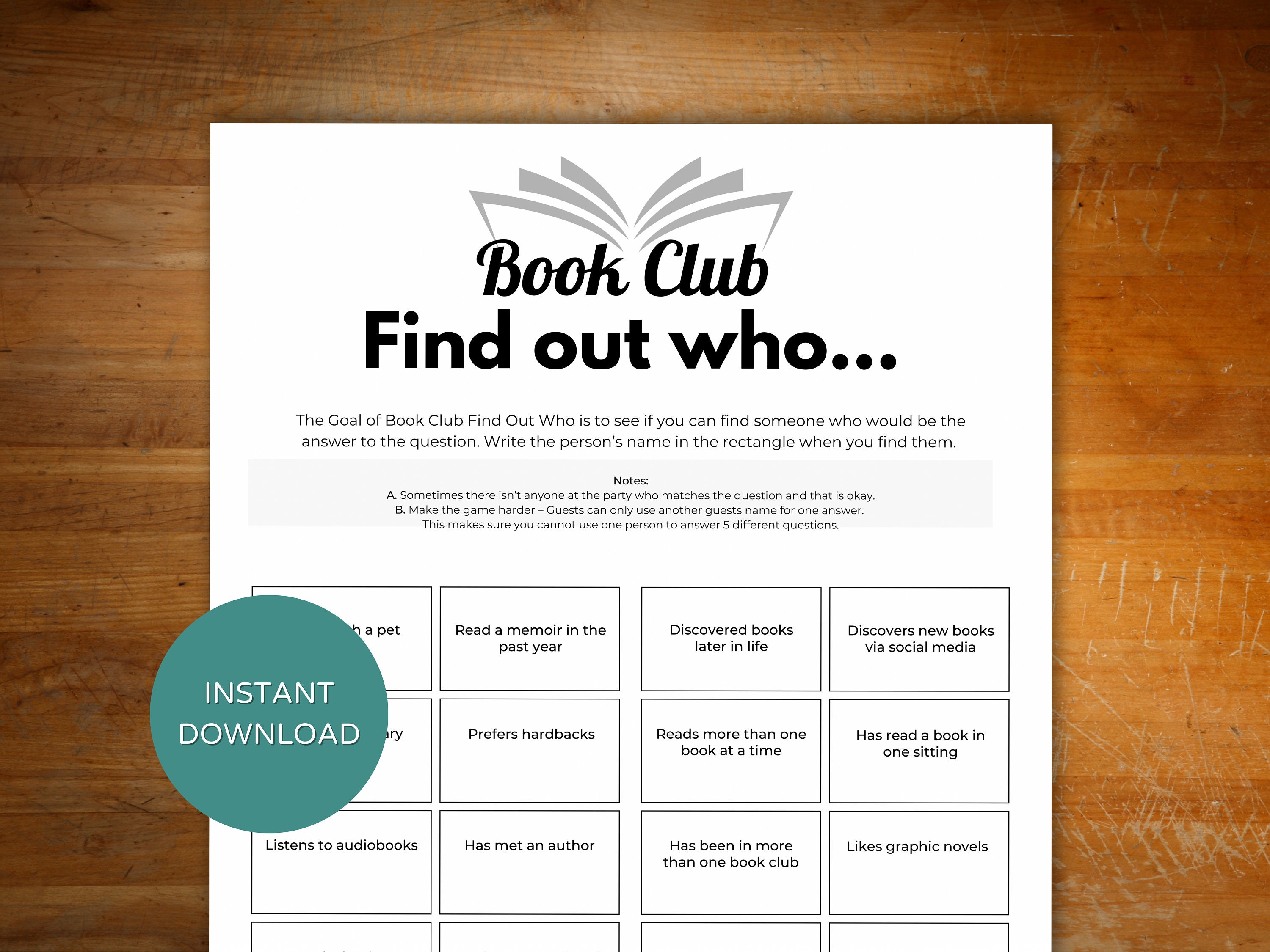 Book Club Roll the Dice Book Games Printable Instant Digital 