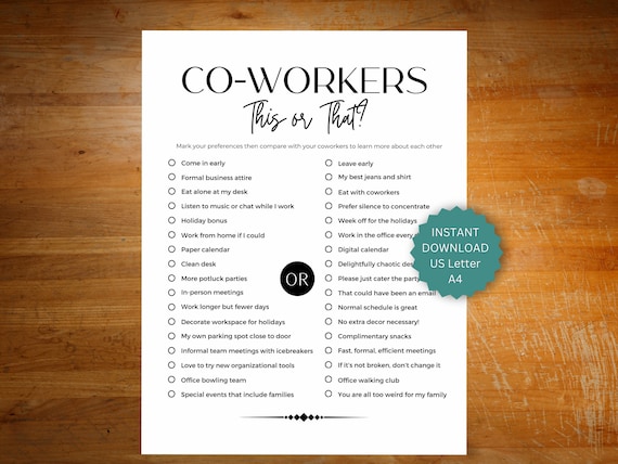 Fun office icebreaker game, this or that game, office party game, game for office birthday or workplace holiday, get to know you game