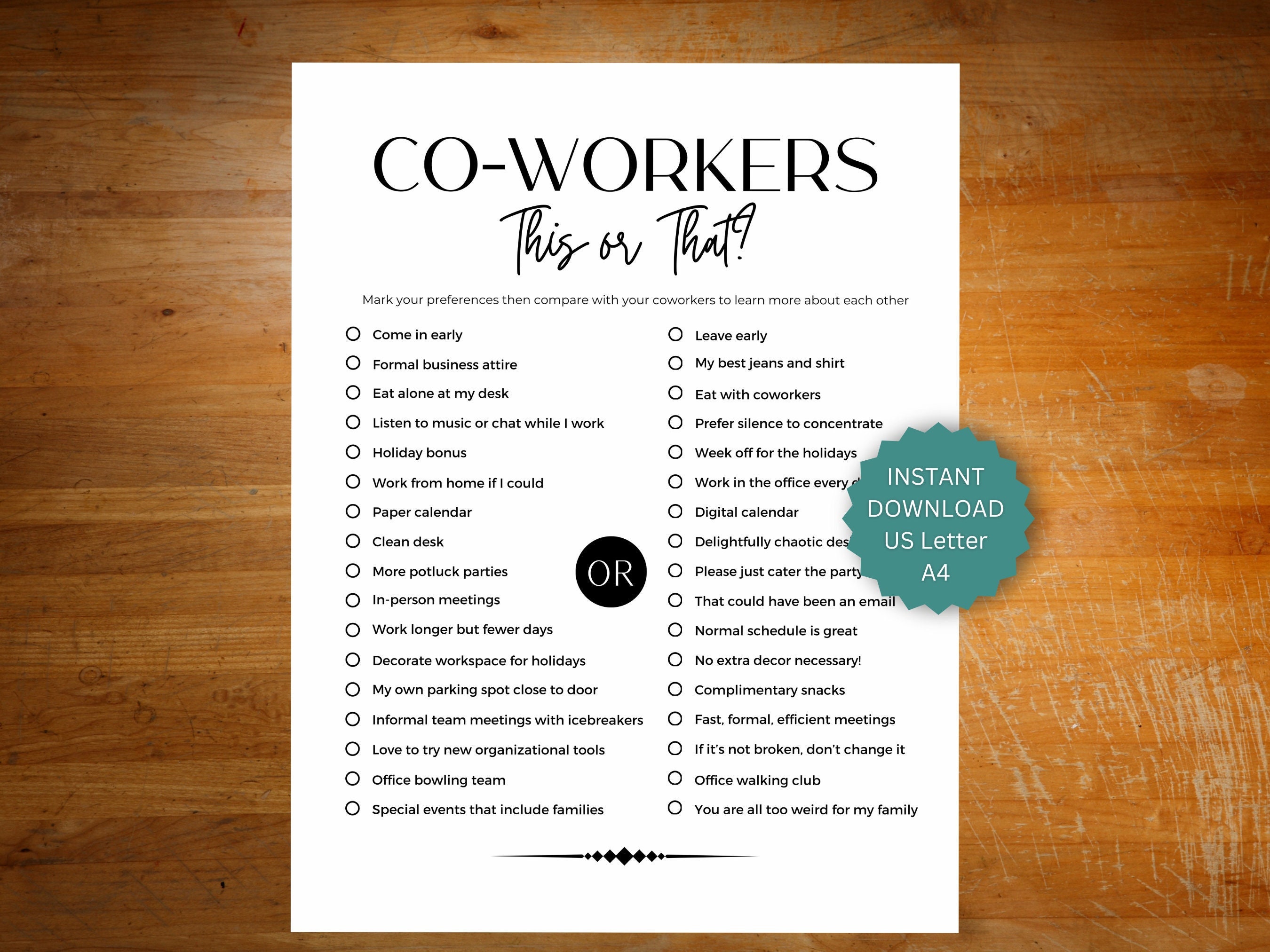 Fun office icebreaker game, this or that game, office party game, game for office birthday or workplace holiday, get to know you game