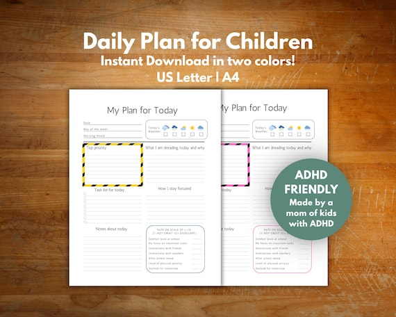 ADHD Daily Planner for children, ADHD school planner, ADHD planning worksheet, homework and activity tracker for teens, tweens, and kids