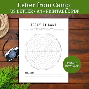 Carta del campamento para imprimir en formato PDF para niños, material de papelería para campamentos de verano, descarga digital de cartas para campamentos, página para colorear para campamentos de verano
