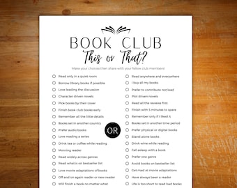 Book club ice breaker game, activity for book club, adult book club game, would you rather book club game for readers, this or that game