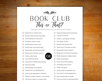 Book club ice breaker game, holiday game for book club, adult book club game, would you rather book club game for readers, this or that game