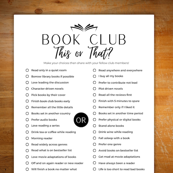 Book club ice breaker game, holiday game for book club, adult book club game, would you rather book club game for readers, this or that game