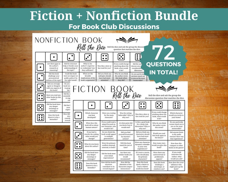 K&ouml;nnte beinhalten: Ein druckbares Spiel f&uuml;r Buchclubs mit zwei W&uuml;rfelvorlagen. Eine Vorlage ist f&uuml;r Belletristik und die andere f&uuml;r Sachb&uuml;cher. Jede Vorlage enth&auml;lt 36 Fragen, die man zum Buch stellen kann. Der Text auf dem Bild lautet "Fiction + Nonfiction Bundle for Book Club Discussions" und "72 Questions in Total!"