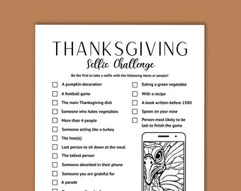 Thanksgiving selfie challenge printable, selfie scavenger hunt, Thanksgiving dinner game icebreaker, game for teens