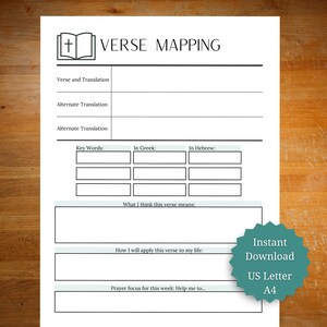 May include: A white printable "Verse Mapping" worksheet with a book icon at the top. The worksheet includes sections for verse translation, key words, and personal reflection. A teal sticker indicates an instant download in US Letter and A4 sizes.