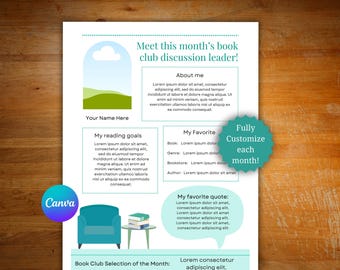 Book Club discussion leader template, customizable monthly book club handout, get to know your book club host, editable book club page