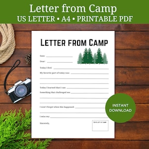 Carta del campamento para imprimir en formato PDF para niños, material de papelería para campamentos de verano, descarga digital de cartas para campamentos, impresión para campistas