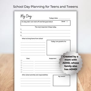 ADHD Daily Planner for teens, ADHD school planner, ADHD planning worksheet, homework and activity tracker for teens, tweens, and kids