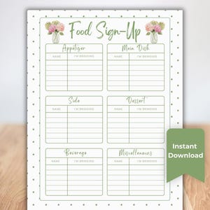 May include: A white paper food sign-up sheet with a green polka dot border and floral illustrations in the top corners. The document features six sections labeled Appetizer, Main Dish, Side, Dessert, Beverage, and Miscellaneous with columns for Name and I'm Bringing. A green tag reads Instant Download.