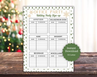 Office holiday party food sign-up sheet, staff Christmas party signup, office holiday potluck signup and office party planning page download