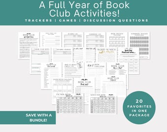 May include: A black and white printable set of 20 book club activities. The set includes trackers, games, and discussion questions. The text "A Full Year of Book Club Activities!" is at the top of the image. The text "20 Favorites in One Package" is at the bottom of the image.