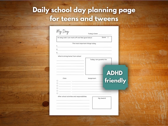 ADHD Daily Planner for teens, ADHD school planner, ADHD planning worksheet, homework and activity tracker for teens, tweens, and kids