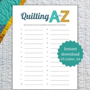 Quilting guild game, icebreaker for quilters, conversation starters for quilting retreat, A to Z game for quilters, quilting retreat game