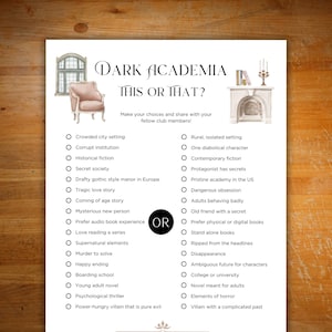 Dark academia book club game, activity for book club, adult book club game, dark academia book club activity, this or that book club