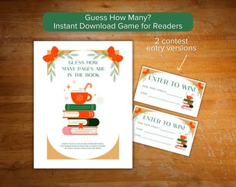 May include: A printable game with the text "Guess How Many? Instant Download Game for Readers." The design includes a stack of books, a cup of cocoa, and entry forms with the text "Enter to Win!"