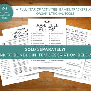 K&ouml;nnte beinhalten: Ein Satz druckbarer Buchclub-Ressourcen, darunter ein "Das oder Das?"-Spiel, ein "Links-Rechts-Raten"-Spiel und eine Buchclub-Notizenseite. Der Text "Separat erh&auml;ltlich! Link zum Bundle in der Artikelbeschreibung unten!" ist auf einem t&uuml;rkisfarbenen Banner gedruckt.
