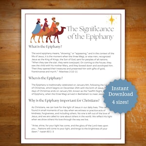 May include: A printed document titled "The Significance of the Epiphany" with text explaining the Epiphany's meaning and importance. The document features illustrations of the three wise men on camels and a star. A blue badge says "Instant Download 4 sizes!"