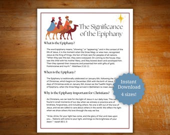 Può includere: Un documento stampato intitolato "Il significato dell'Epifania" con testo che spiega il significato e l'importanza dell'Epifania. Il documento presenta illustrazioni dei tre Re Magi sui cammelli e una stella. Un distintivo blu dice "Download istantaneo 4 formati!"
