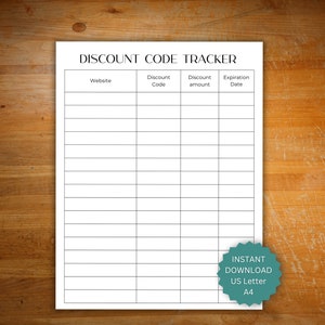 Discount code tracker, printable coupon code log, online discount code keeper, small business discount tracker online business promo tracker